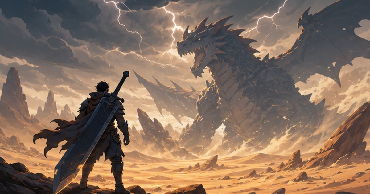 広大な狩場で大型モンスターと対峙するハンターのイメージイラスト