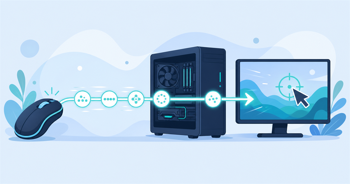マウスの入力がPCを通って画面に届くまでの遅延の流れを表したイラスト