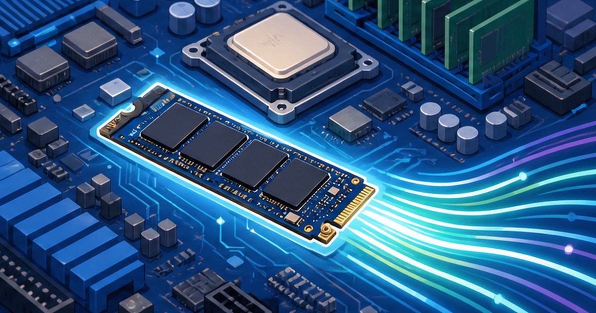 マザーボードに取り付けられた高速なNVMe SSDのイメージイラスト