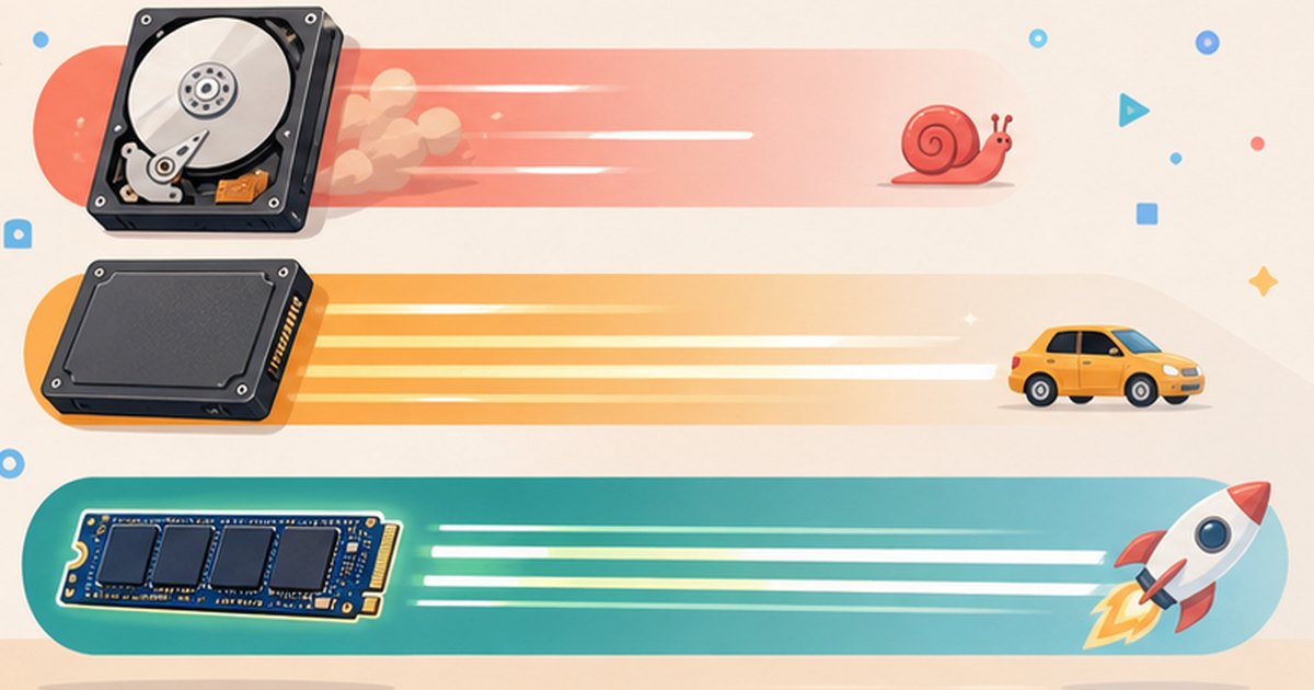 HDD・SATA SSD・NVMe SSDの速度の違いを競走で表したイメージイラスト