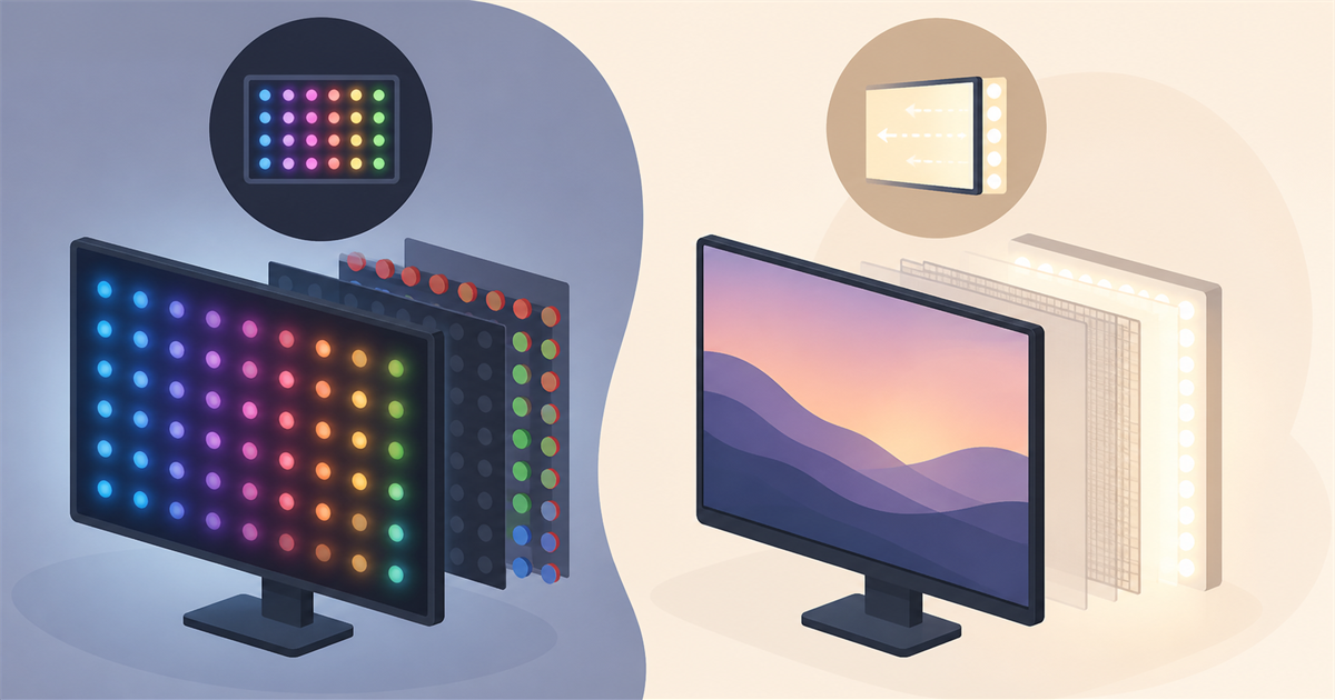自ら光るOLEDと、バックライトで照らす液晶の仕組みの違いを示したイラスト