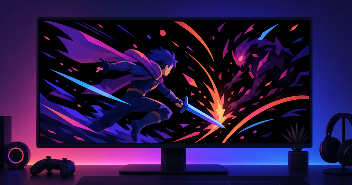 漆黒の背景に鮮やかな色が映える、残像の少ないゲーム画面のイラスト