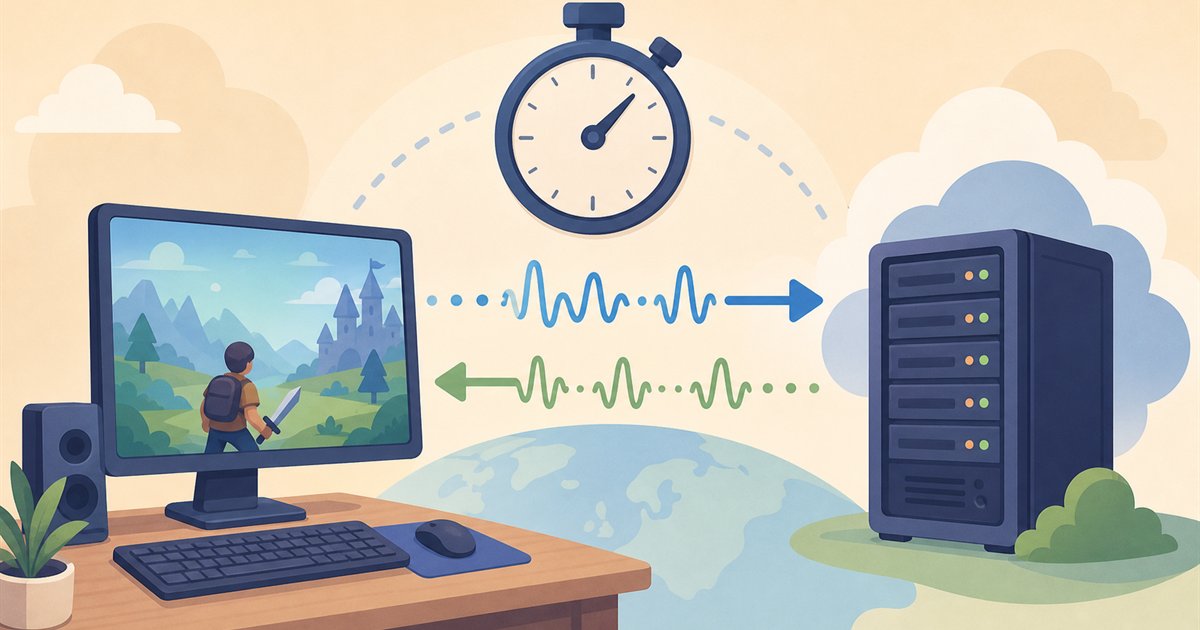 パソコンとゲームサーバーの間をデータが往復するpingのイメージ