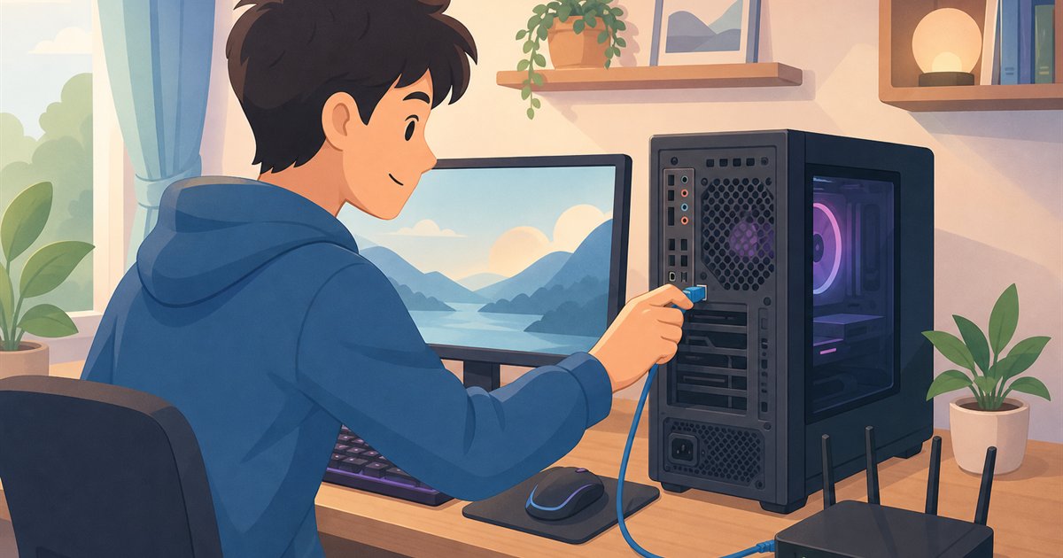 LANケーブルをパソコンにつないでラグ対策をするイメージ
