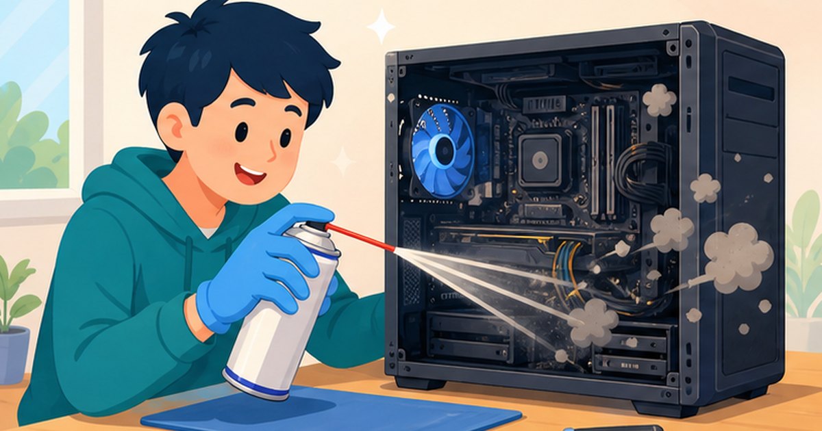 エアダスターでゲーミングPC内部のホコリを掃除している様子