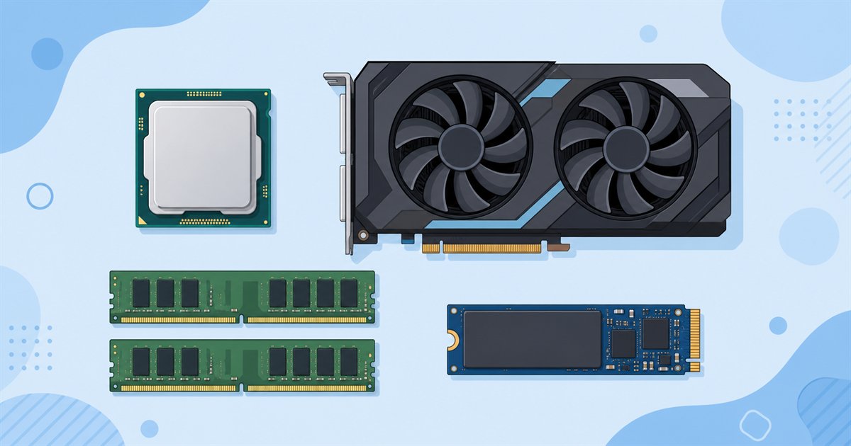 ゲーミングPCの主要パーツを並べたイラスト