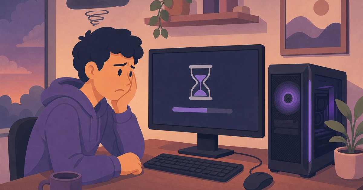 動作が重くなったパソコンの前で困っている人のイメージ