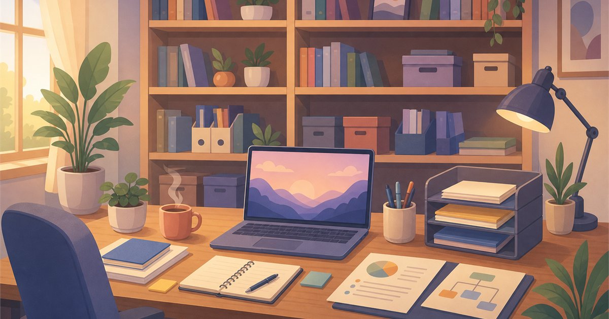 メモリを広い作業机、ストレージを本棚に例えたイメージイラスト