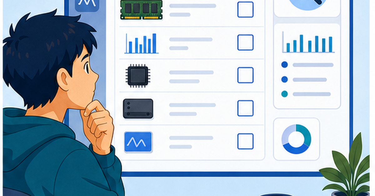 PCのメモリ確認の判断ポイントを整理したイメージ