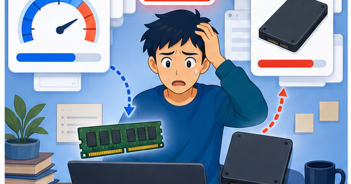 PCのメモリ確認の確認手順を表すイメージ