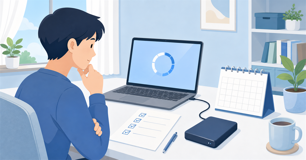 更新前の準備をイメージした人物とチェックリストのイラスト