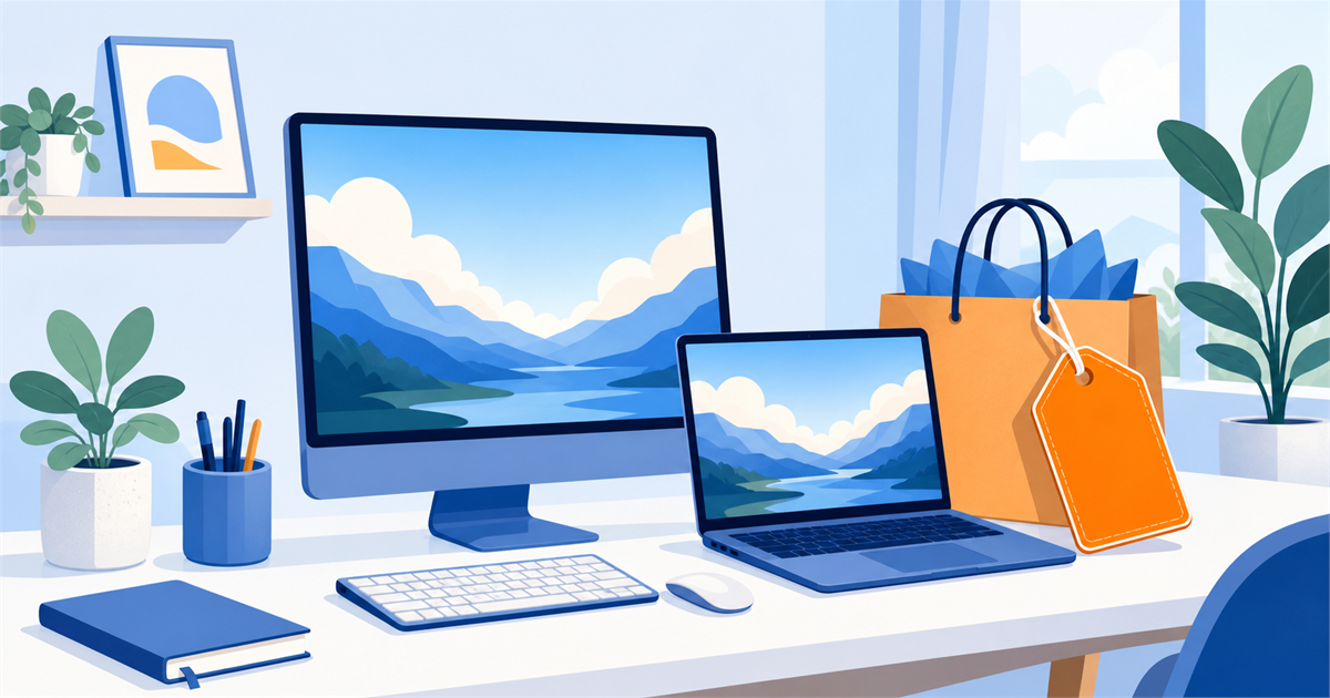新しいパソコンとセールタグ付きの買い物袋が並ぶ、買い替えをイメージしたイラスト