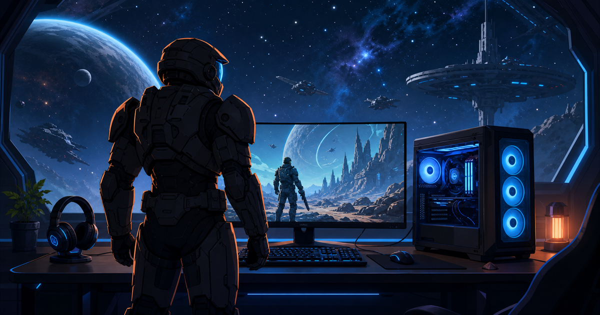 未来的な兵士がゲーミングPCの前に立つイメージ