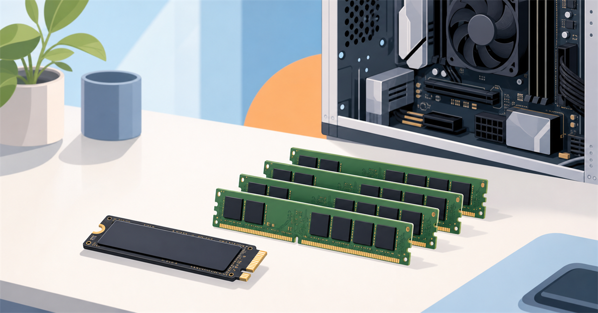 SSDドライブとメモリモジュールを並べたクリーンな机上のイメージ