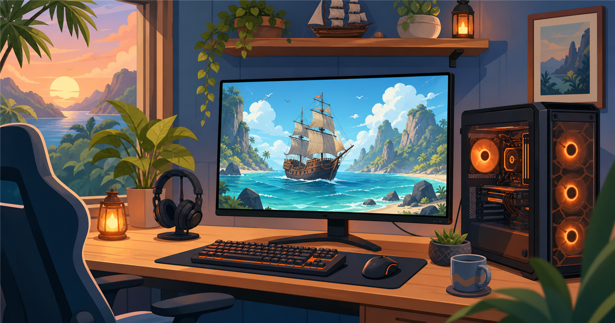 PCとゲーミングモニタで海洋アクションゲームを遊ぶ様子