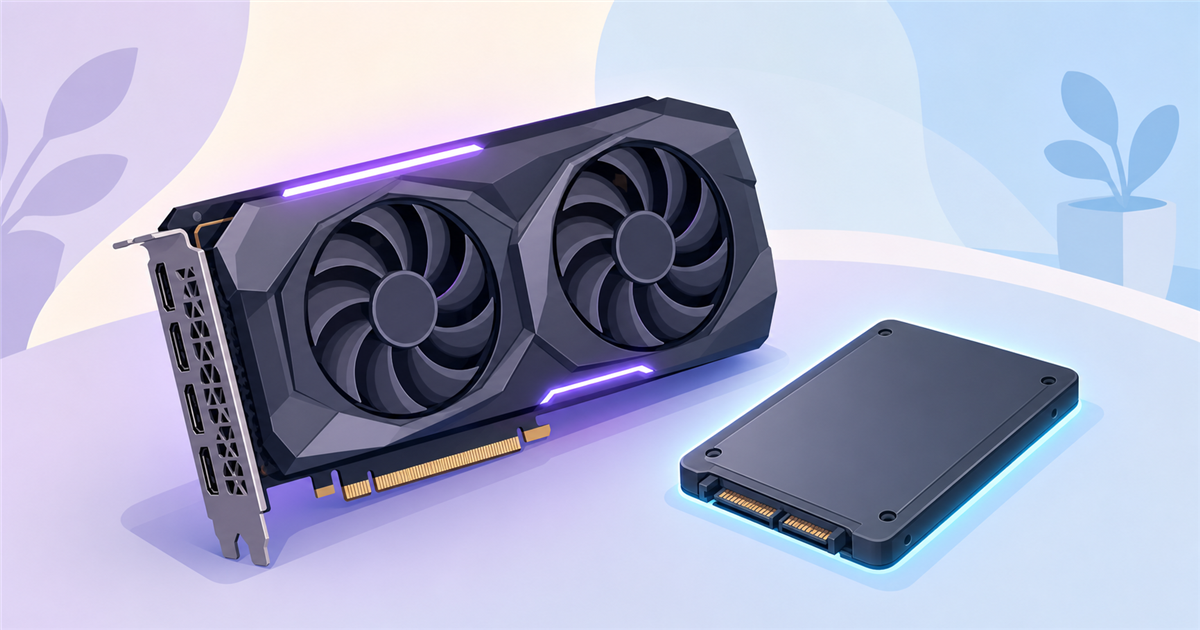 グラフィックボードとSSDを象徴するパーツのアイコン風イラスト