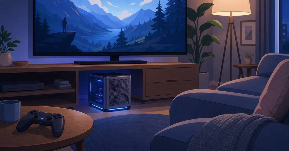 テレビ台のそばに置かれた小型ゲーミングPCとコントローラーのイメージ