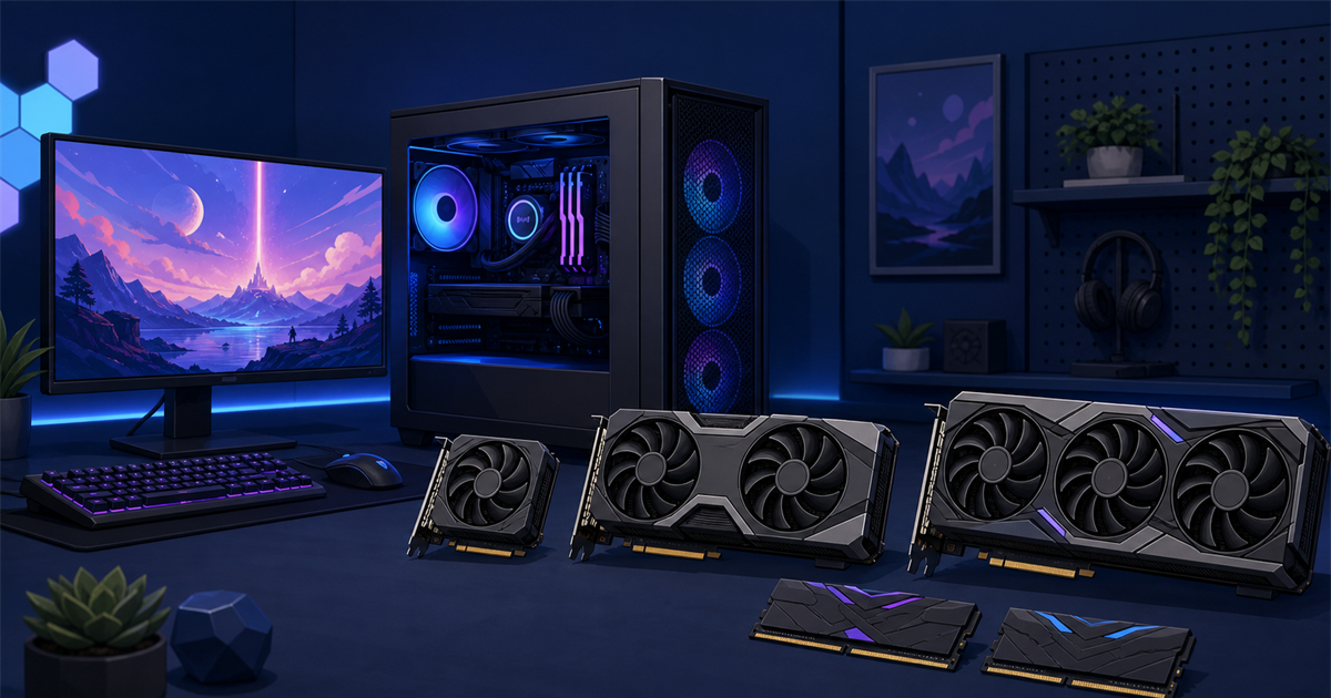 GPUとVRAMの違いを見比べるゲーミングPCのイメージ