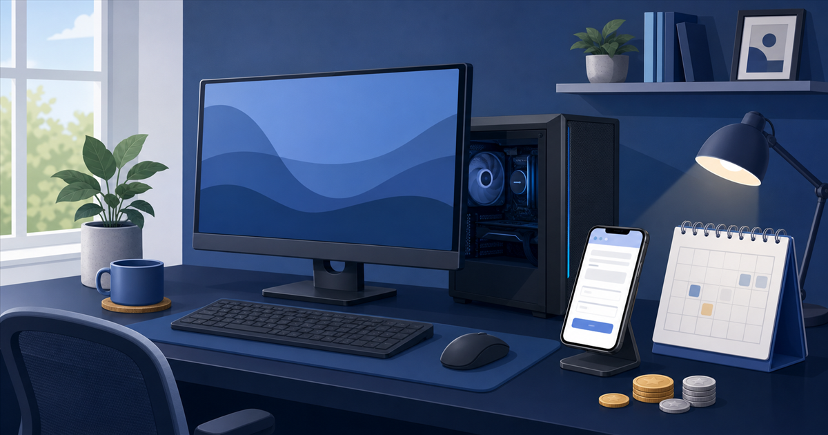 通販と店舗の締切を確認しながらデスクトップPCを検討する机のイメージ