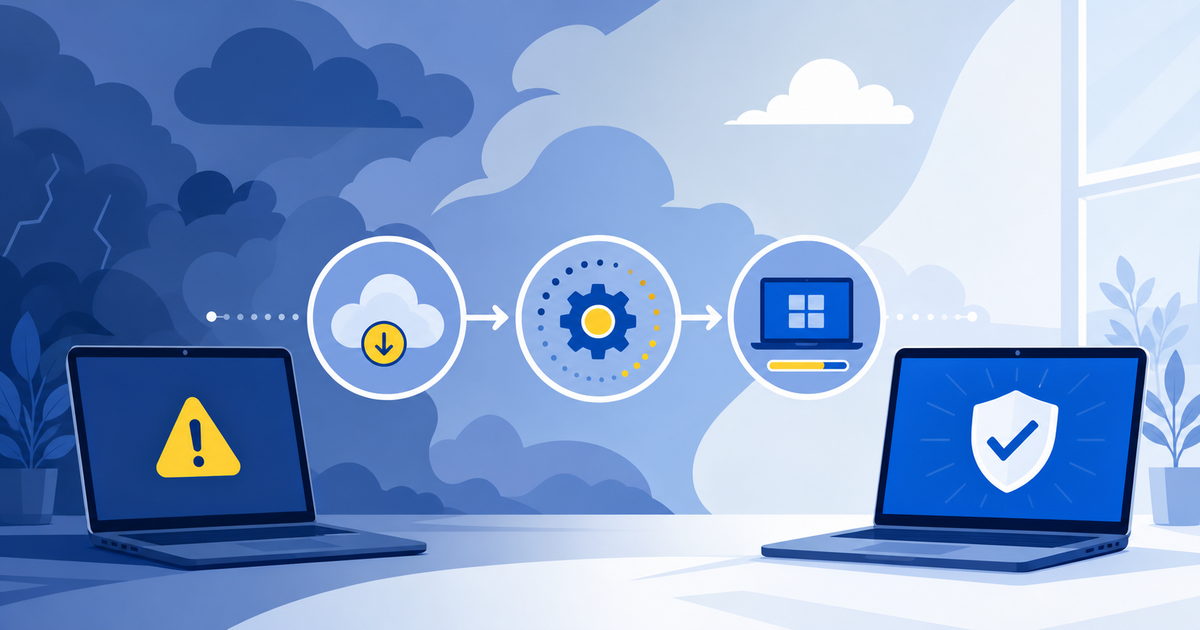 Windows更新からKB5121767の修正公開までの流れを示すイメージ