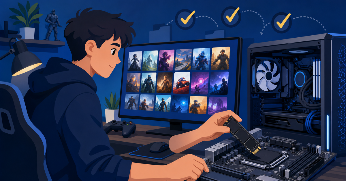 ゲームライブラリ用SSDを選びPCへ増設するイメージ