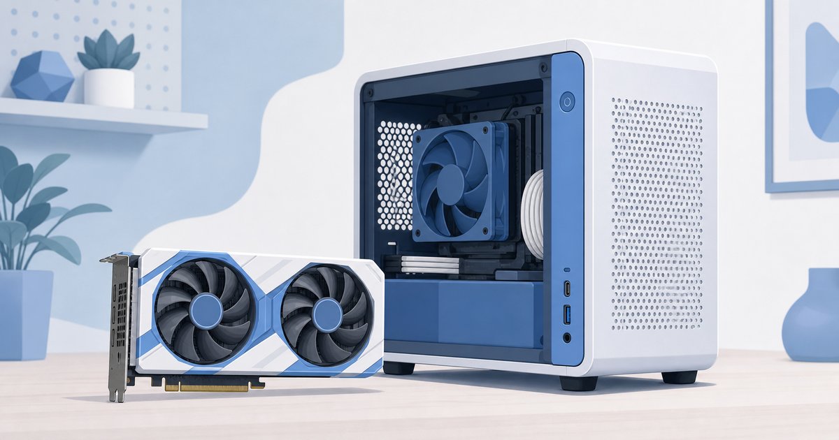 コンパクトなデュアルファンのグラフィックボードとPCケースのイメージ