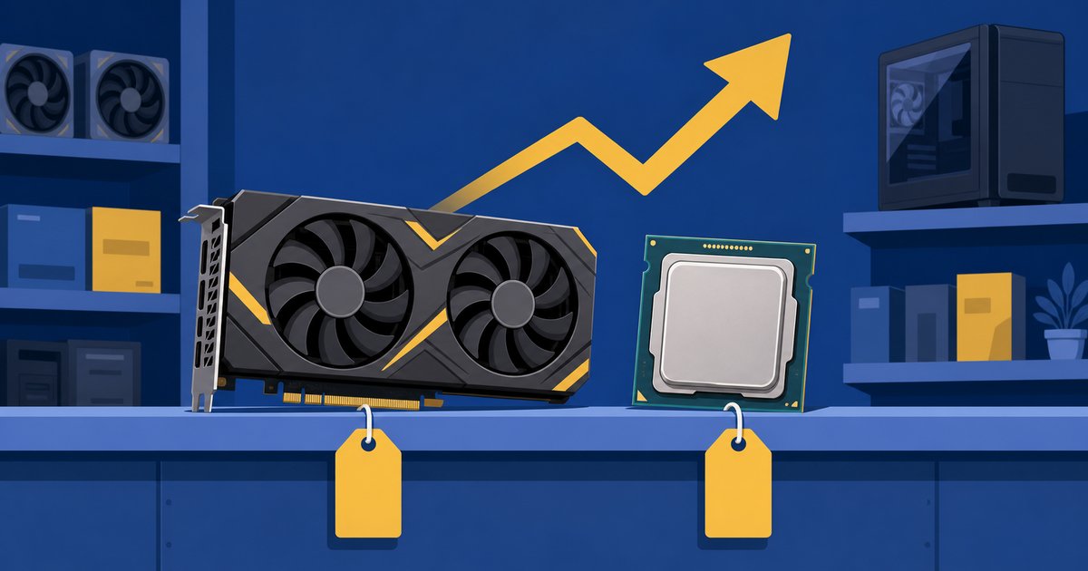価格タグの付いたグラフィックスカードとCPUが並ぶショップの棚のイメージ