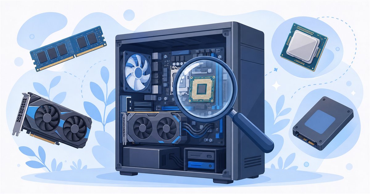 パソコンのスペックを構成するCPU・メモリ・グラボ・ストレージのイメージイラスト