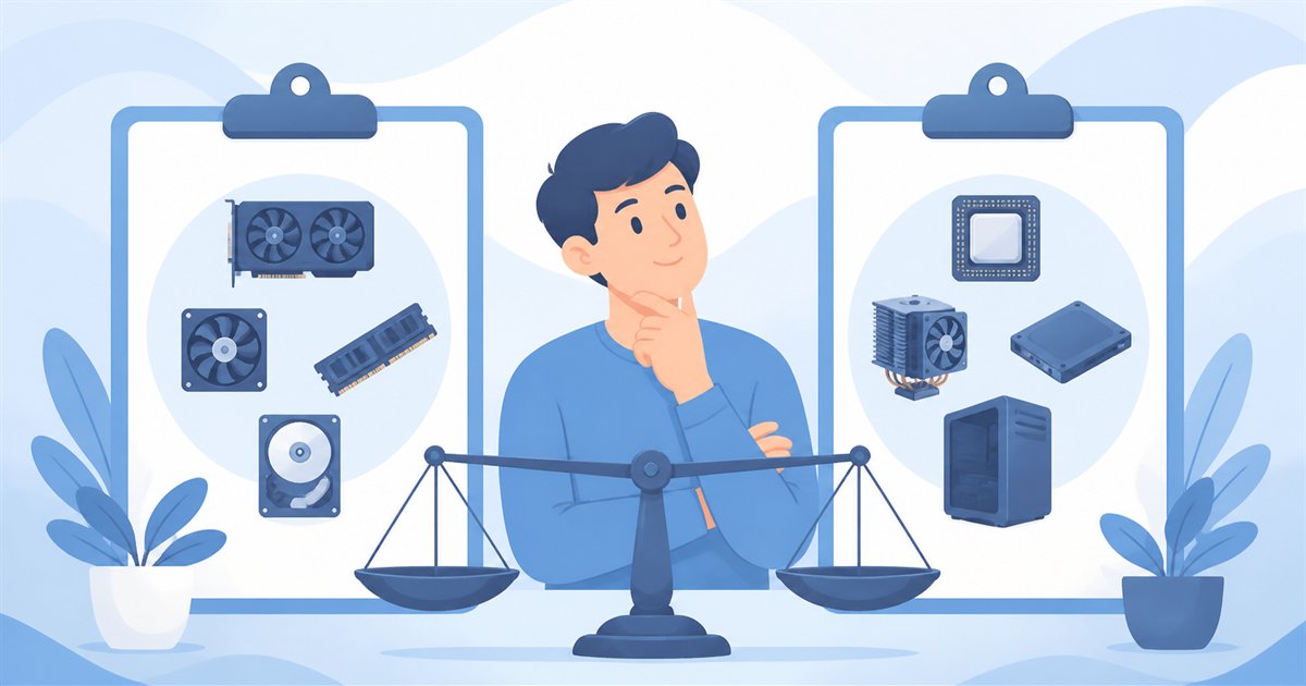 確認したスペックが用途に足りているかを見比べて判断するイメージイラスト