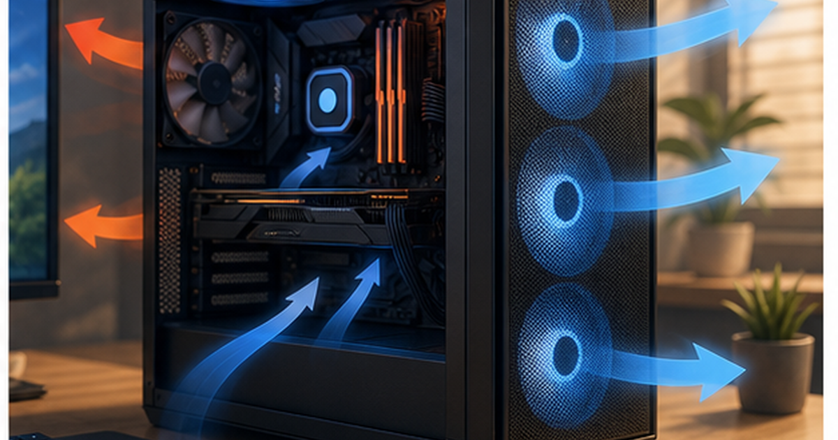 PCケースの空気の流れを整えるイメージ