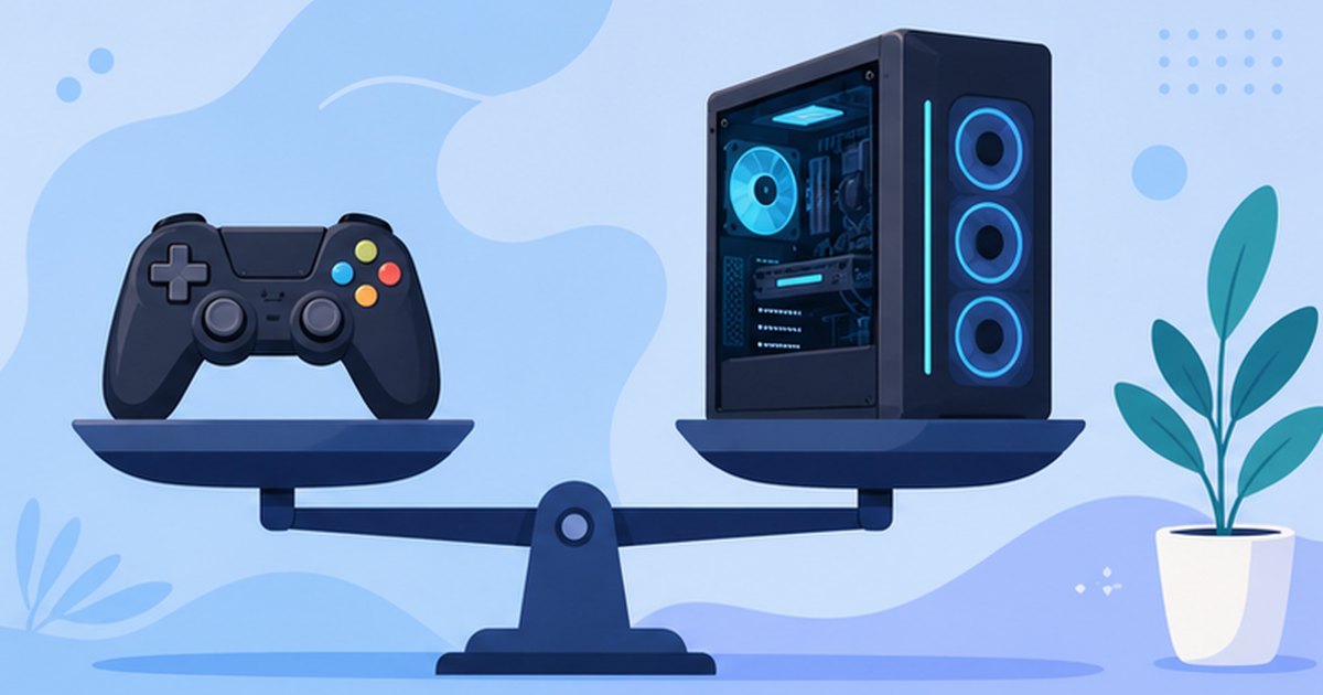 天秤に乗ったゲーム機とゲーミングPCを見比べるイメージイラスト