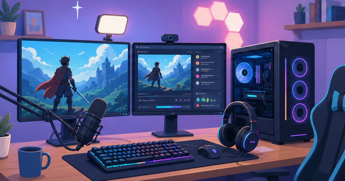 デュアルモニターとマイクを備えたゲーム配信向けパソコン環境のイメージイラスト