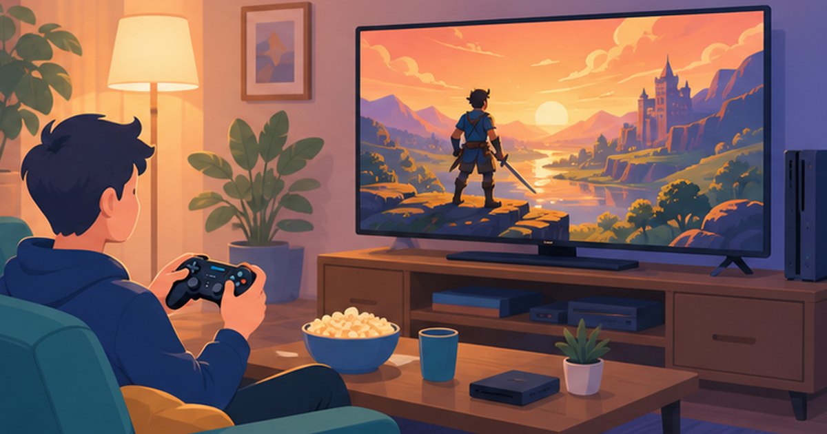 リビングの大画面テレビでゆったりゲームを楽しむイメージイラスト