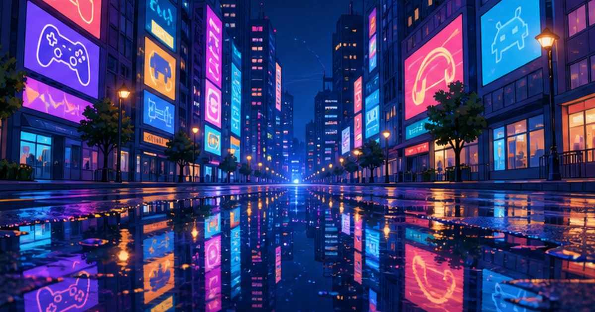 夜の街のネオンが雨上がりの水たまりに映り込むレイトレーシングの効果のイメージイラスト