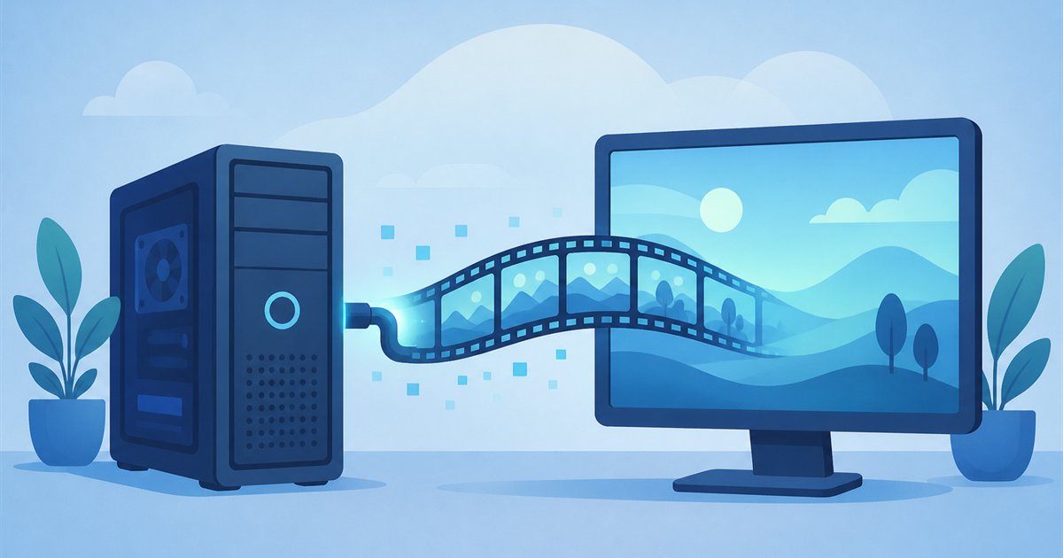 パソコンが作る映像のコマとモニターの表示が連携するイメージ