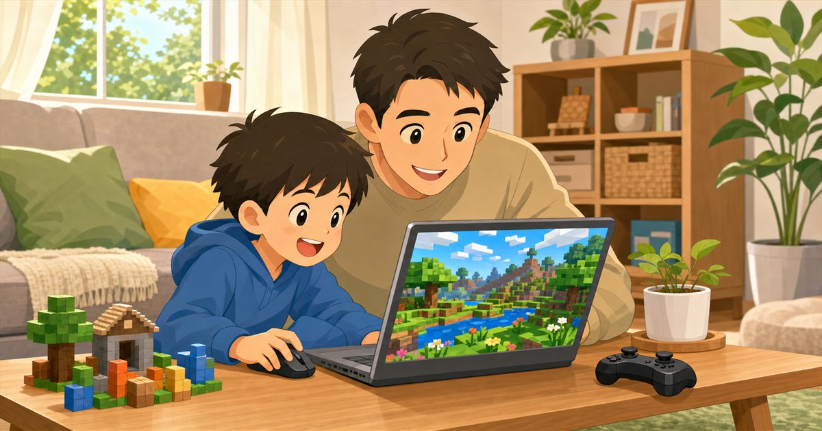安いノートパソコンでロブロックスを遊ぶ親子のイメージ