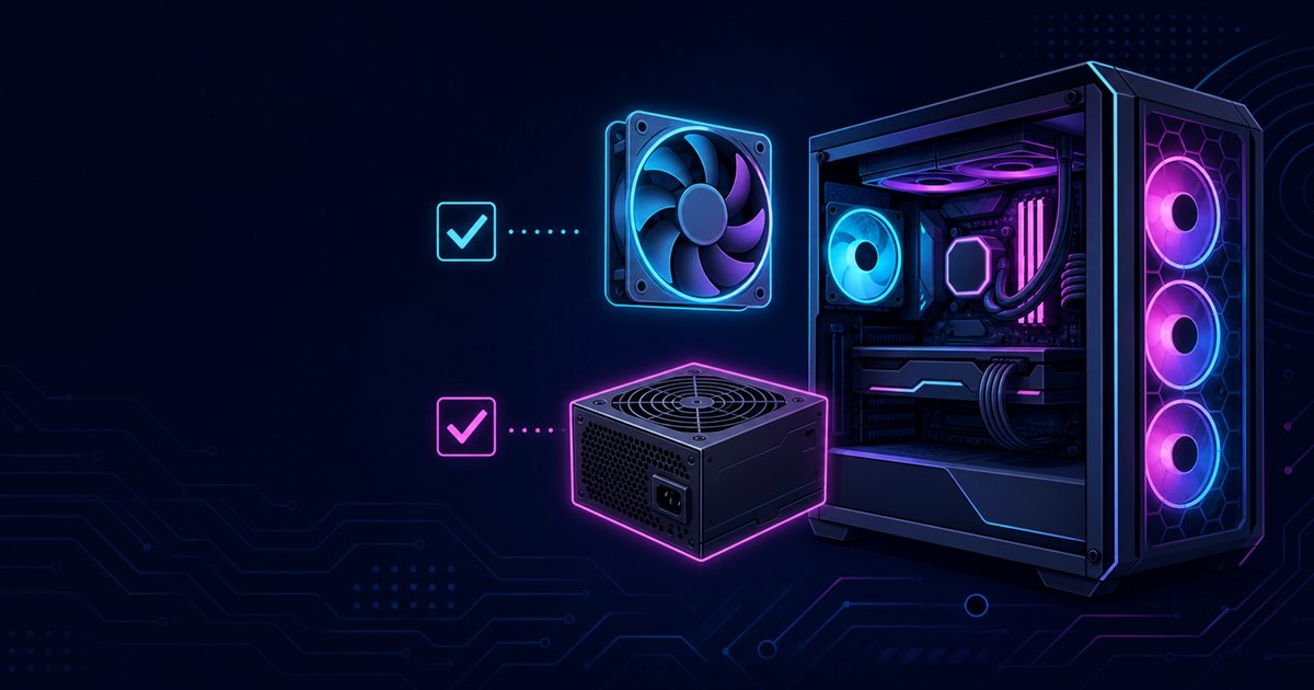 静音ゲーミングPC選びで見るファンと電源などのチェックポイントのイメージイラスト