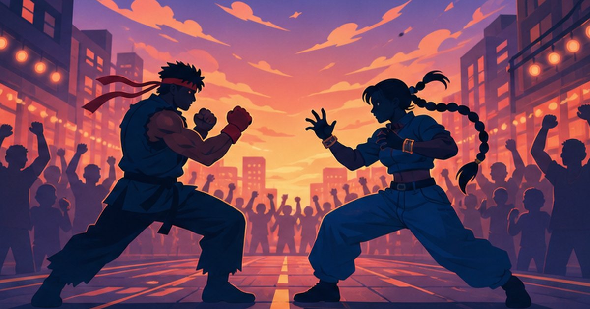 街中のステージで向かい合う2人のファイターのイメージイラスト