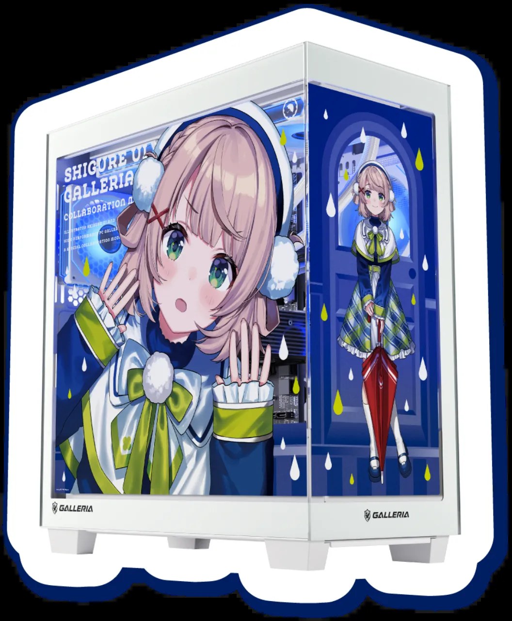 しぐれういコラボPCの筐体ディテール。内部のディープブルーLEDが点灯した状態