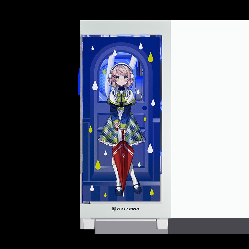 コラボPCサイドパネルの「雨宿り」全身イラスト。青いドアと赤い傘、雨粒のモチーフ