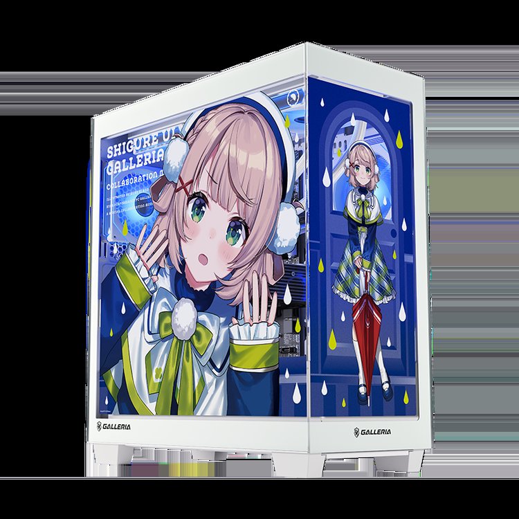 しぐれういコラボPC全3モデル共通の白いケース正面。しぐれういのイラストとコラボロゴ