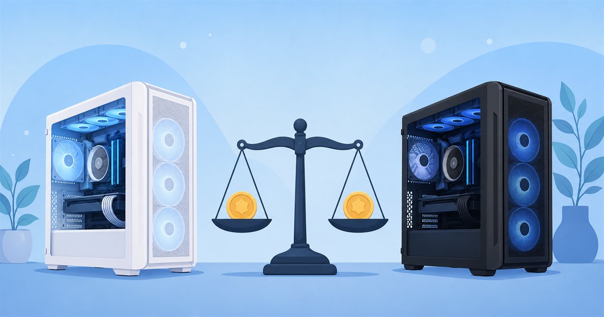 白と黒のゲーミングPCが同じ価格であることを示すイメージ