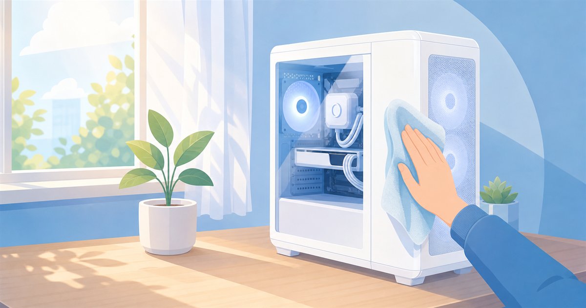 白いPCを布でやさしく手入れして黄ばみを防ぐイメージ