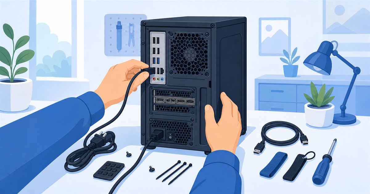 PC背面のケーブルと付属品を確認するイメージ