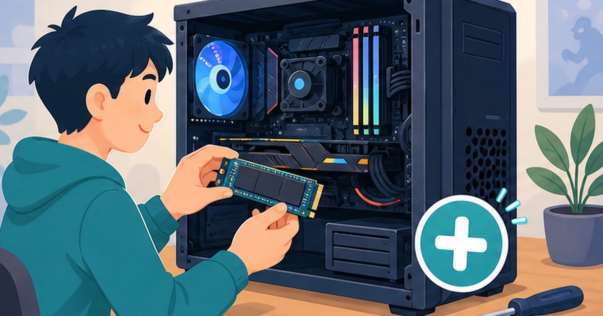 SSDの増設やデータ整理を表すイメージイラスト