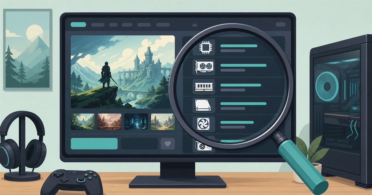 ゲームストアページの動作環境欄を虫眼鏡で確認するイラスト