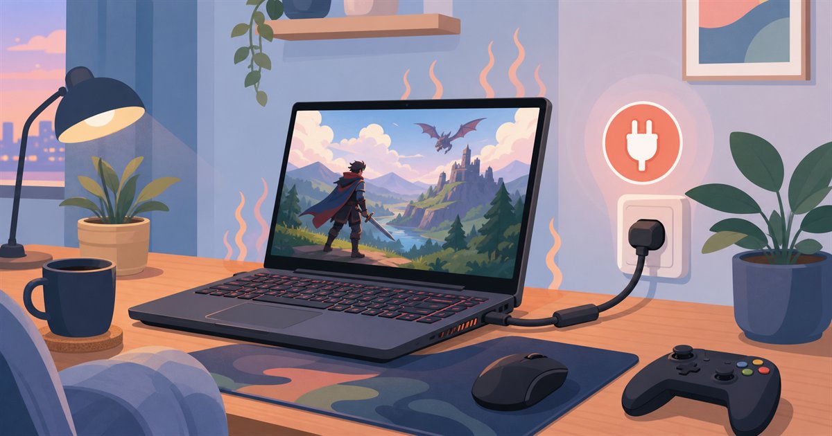 発熱と電源プラグのアイコンが付いたノートPCでゲームを遊ぶイラスト