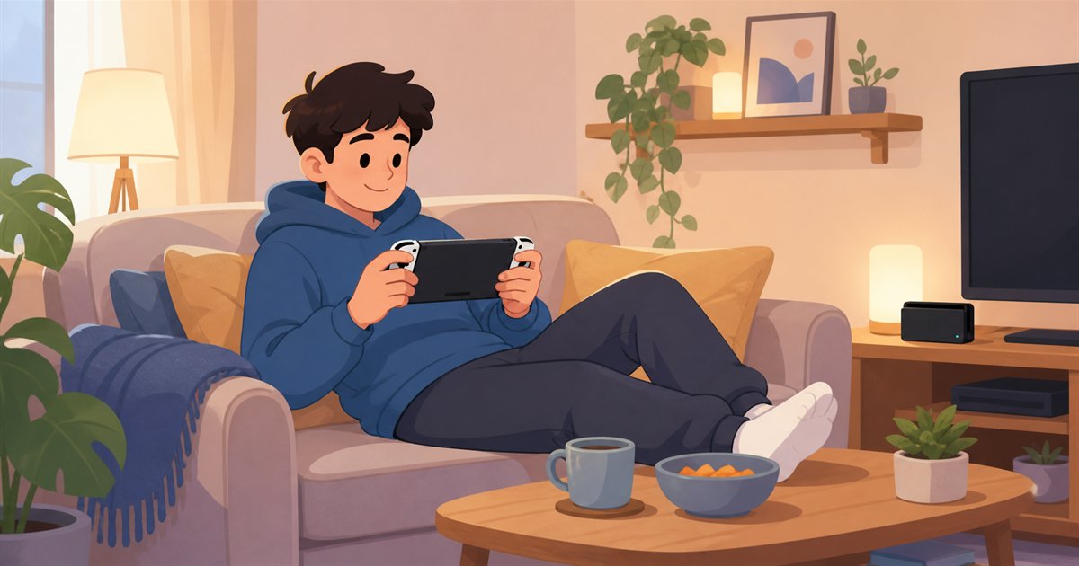 ソファでくつろぎながら携帯ゲーミング機で遊ぶ人のイラスト