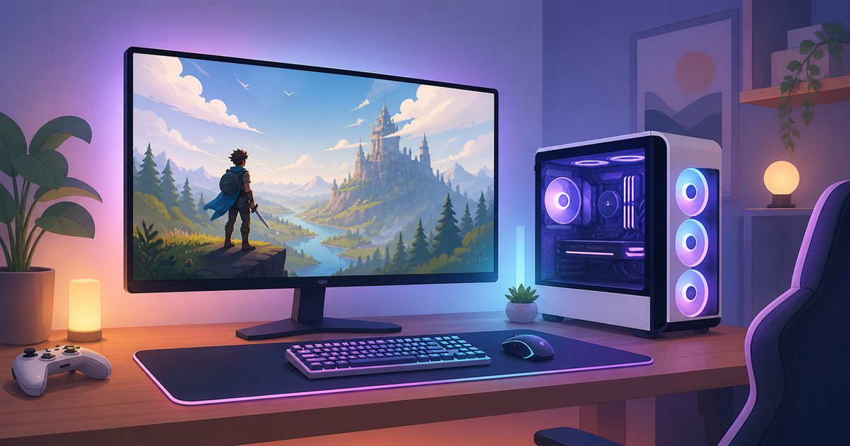 大画面モニターで美しいゲーム映像を映すゲーミングPCのイラスト