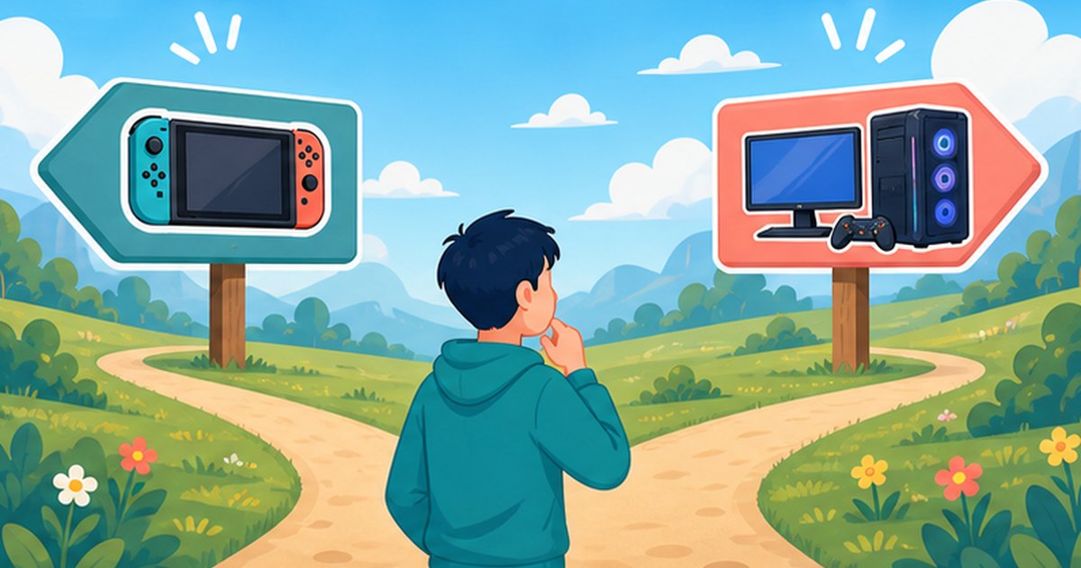 携帯ゲーム機とゲーミングPCの分かれ道で選択に迷う人のイメージイラスト
